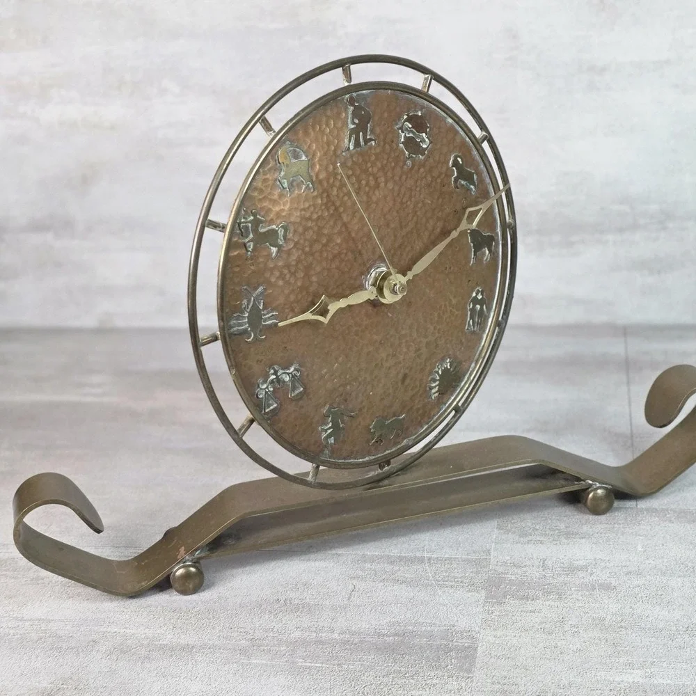 VTG Rare Art Deco Hammered Copper Zodiac Table Mantel Clock Brass Footed Works